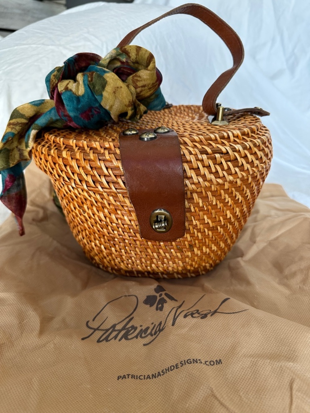 Patricia Nash Woven Straw Top-Handle Bag with Brown Leather Trim